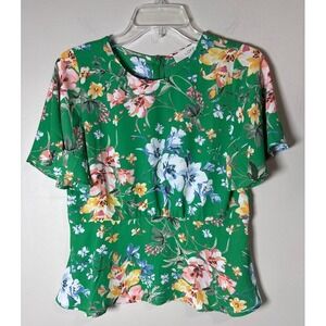 LOFT Green Floral Flutter Sleeve Peplum Top Petite Size‎ 6 NWT